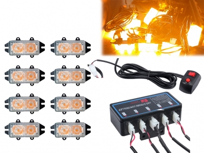 Set 8X Lumini LED, 2 Leduri, Tip Stroboscop De Avertizare, Galben, Flash, cu Controler, 12V